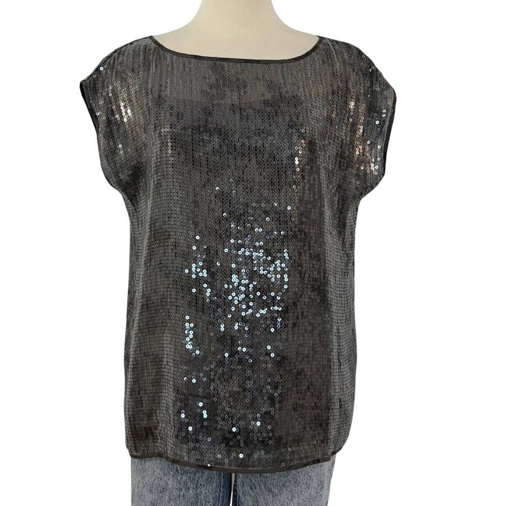 Eileen Fisher Bateau Neck Silk Top Clear Sequin Shimmer Blouse Gray | L Petite